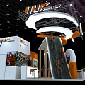 Modern Orange White Exhibition Booth Design With Curved Top Branded Posters Display Areas