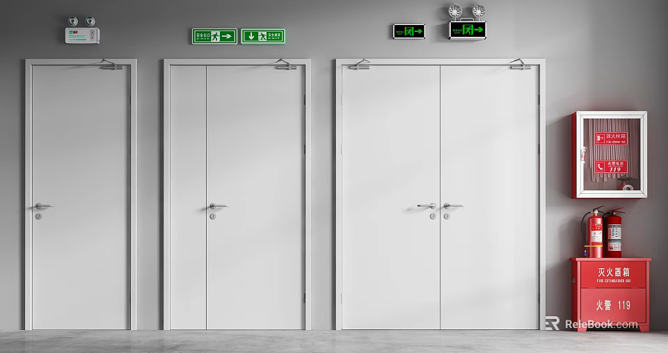 White Emergency Exit Doors With Green Signs And Digital Displays 3d model 