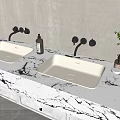 Elegant Modern Bathroom Vanity With Double Washbasins Marble Countertop Faucets Toiletries And Textured Wall