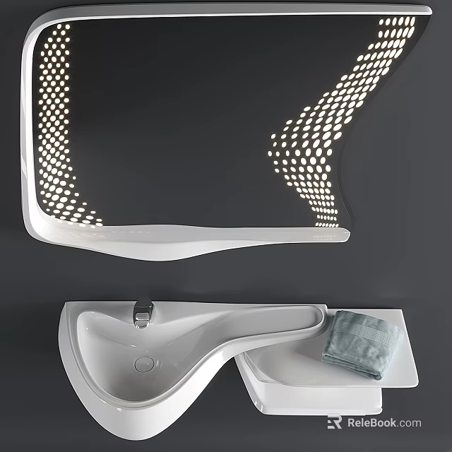 Modern White Ceramic Washbasin With Illuminated Mirror And Towel In Bathroom 3d model 