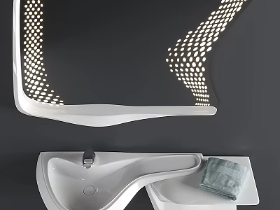 Modern White Ceramic Washbasin With Illuminated Mirror And Towel In Bathroom 3d model