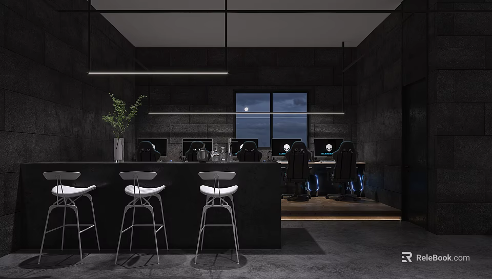 Modern Interior Bar Space With Black Counter White Stools Green Plant Window And Lighting 3d model 