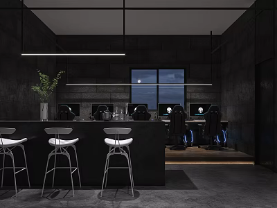 Modern Interior Bar Space With Black Counter White Stools Green Plant Window And Lighting 3d model