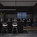 Modern Interior Bar Space With Black Counter White Stools Green Plant Window And Lighting
