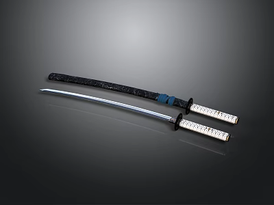Traditional Samurai Sword With Silver Blade Engraved Characters Black Handle And Scabbard 3d model