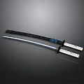 Traditional Samurai Sword With Silver Blade Engraved Characters Black Handle And Scabbard