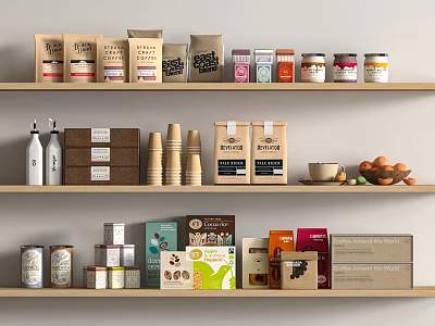 Assorted Food Items On Wooden Shelves 3d model