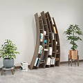 Stylish Modern Curved Wooden Bookcase With Books Decorative Items And Potted Plants