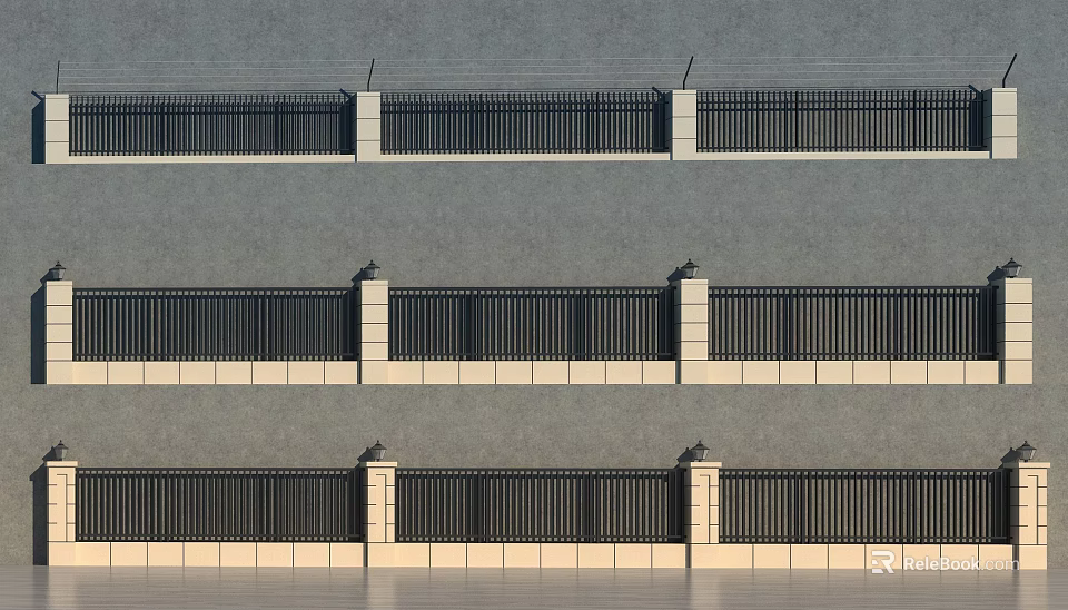 Metal Fence With Pillars And Multiple Layers On Gray Wall Background 3d model