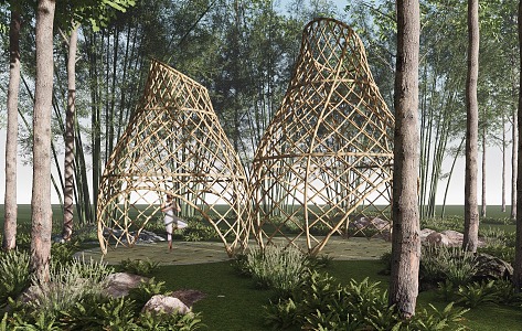 Special-shaped landscape gallery frame picking garden bamboo weaving long gallery pavilion structure ecological village 3d model