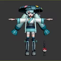 Anime Style Game and Movie Character With Teal Mushroom Hat Twin Ponytails and Red Orb Companion