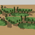 Arbor Trees In Green Grass Rolling Terrain With People Walking