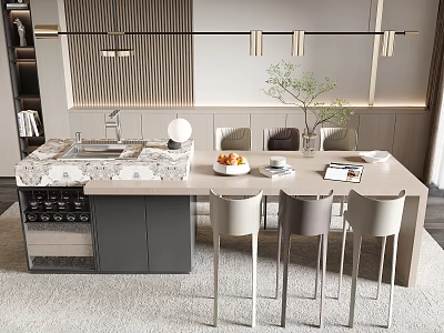 Modern Open Kitchen Dining Table Set With Marble Countertop Bar Stools And Pendant Lights 3d model