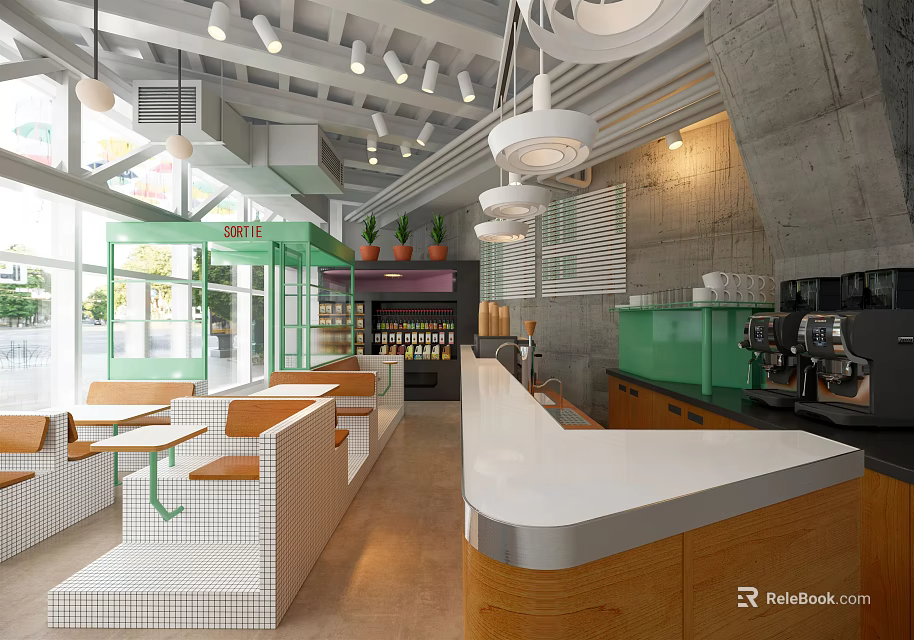 Modern Open Café Interior With Green Plants Wooden Bar Counter White Top And Pendant Lights 3d model 