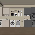 Modern Laundry Room Interior With Washing Machines Dryers Sink And Cabinets