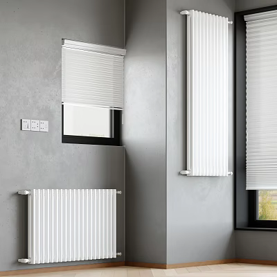 White Radiators Against Gray Walls Near Windows 3d model
