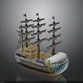 Classic Sailing Ship Model As Water Transport With Multiple Masts White Hull Blue Bottom
