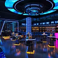 Modern Bar Interior With Neon Lighting Bar Counter High Tables And Chairs