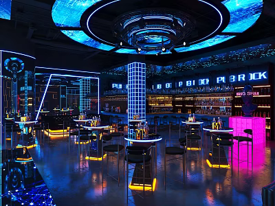 Modern Bar Interior With Neon Lighting Bar Counter High Tables And Chairs 3d model