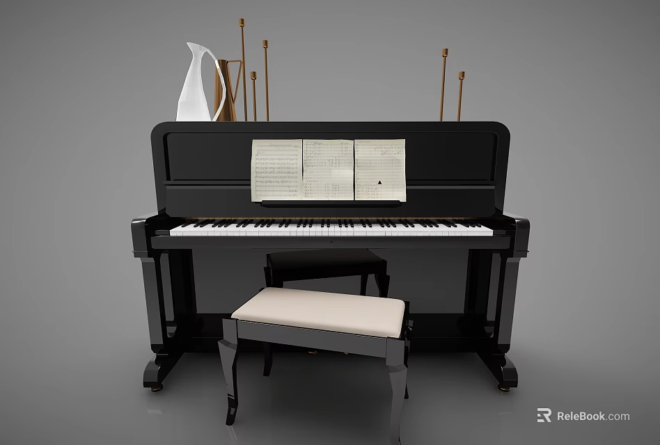 Black Piano With Sheet Music Art Supplies And Vase On Top With Stool 3d model 