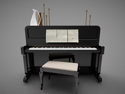 Black Piano With Sheet Music Art Supplies And Vase On Top With Stool 3d model
