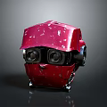 Red Mechanical Weapon Helmet With Two Black Circular Lenses White Splatters And Metal Base