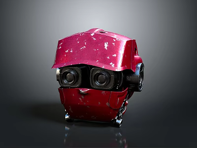 Red Mechanical Weapon Helmet With Two Black Circular Lenses White Splatters And Metal Base 3d model