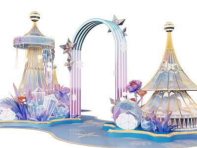 Fantasy Ornamental Scene With Blue Purple Arch Towers Crystal Flowers And Water Elements 3d model