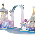 Fantasy Ornamental Scene With Blue Purple Arch Towers Crystal Flowers And Water Elements