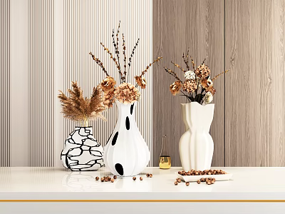 White Vases With Dried Flowers And Black Pattern On Striped Wooden Wall Table Decor 3d model