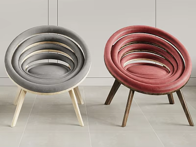 Modern Round Ring Design Lounge Chairs in Gray and Red with Wooden Legs 3d model