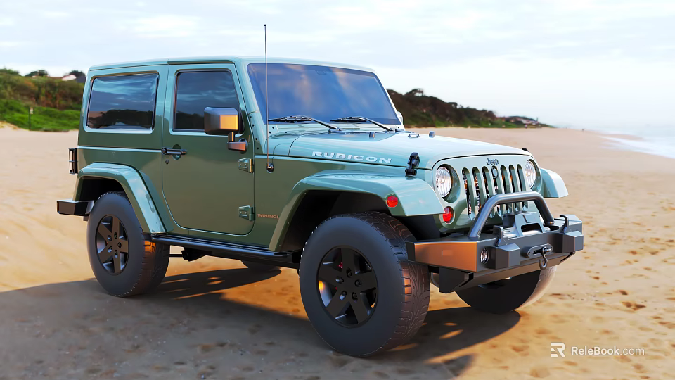 Green Jeep Rubicon SUV With Black Wheels Driving On Beach Sand 3d model 