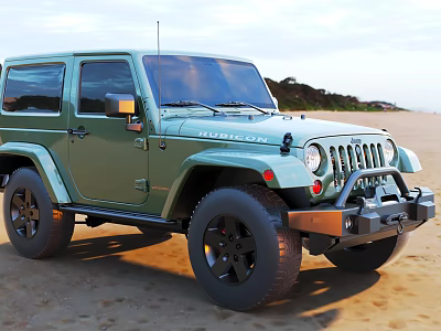 Green Jeep Rubicon SUV With Black Wheels Driving On Beach Sand 3d model