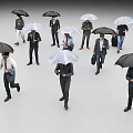 Group of Business Professionals Walking With Umbrellas and Carrying Briefcases
