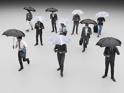 Group of Business Professionals Walking With Umbrellas and Carrying Briefcases 3d model