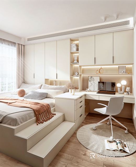 Tatami Bedroom With Built in Storage Desk Chair And Modern Minimalist Design 3d model 