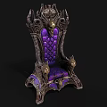 Ornate Throne Chair With Purple Padded Seat Skull Decorations And Metal Carvings