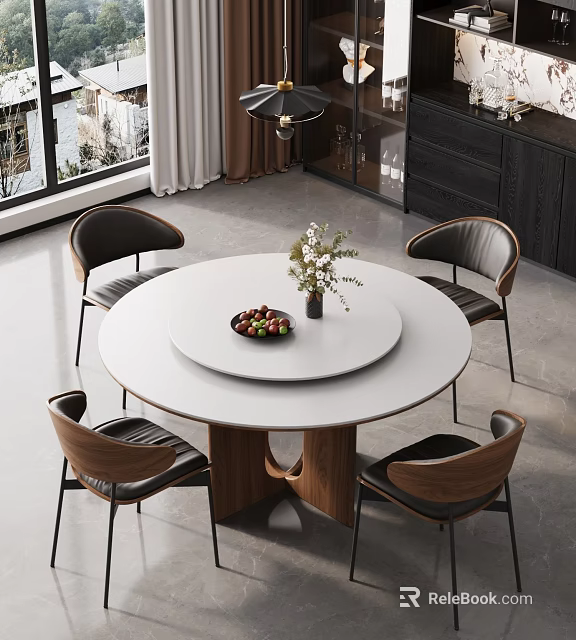 Modern Restaurant Interior With Round White Dining Table Fruit Platter Flower Vase Black Brown Chairs 3d model 