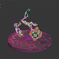 Mechanical Character and Creature in Dynamic Poses on Circular Platform with Pink Glowing Edges 3d model