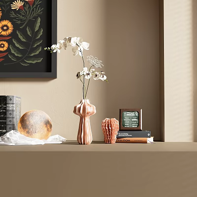 Home Decorative Ornament Set with Pink Vase White Flowers Round Decorative Plate and Photo Frame 3d model