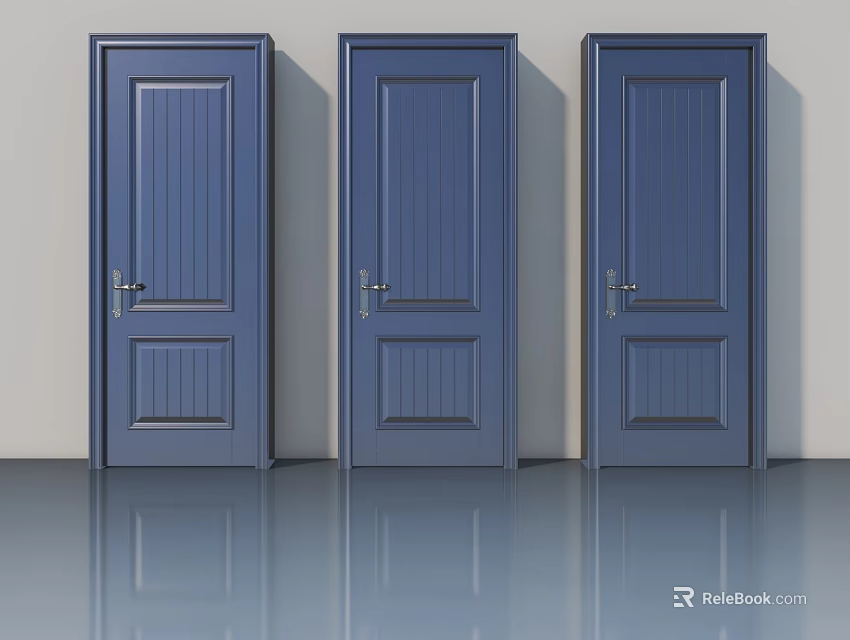 Three Blue Panel Swing Doors With Modern Design And Smooth Surface 3d model