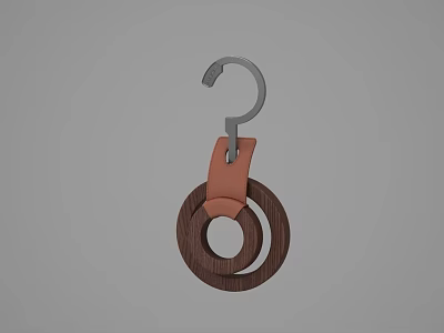 Hanger with Metal Hook Brown Leather Strap and Wooden Rings Design 3d model