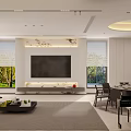 Modern Open Plan Dining Living Room With Sofa Coffee Table Plants And Marble Wall