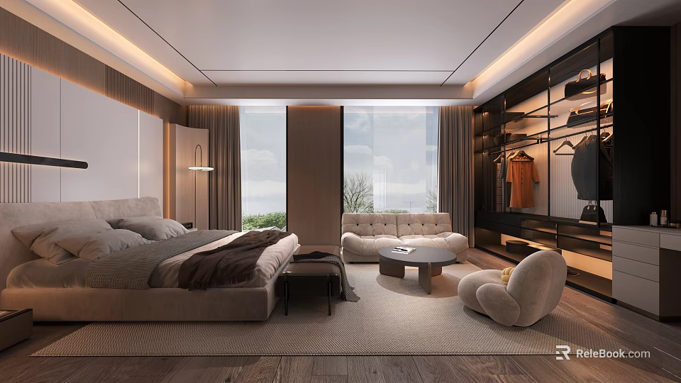 Elegant Modern Bedroom Interior With Large Bed Sofa Wardrobe And Floor to Ceiling Windows 3d model 