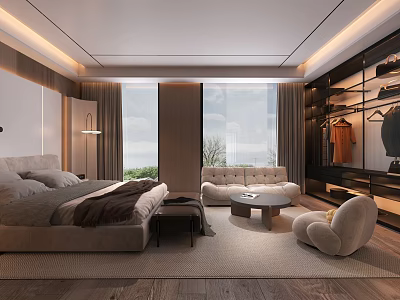 Elegant Modern Bedroom Interior With Large Bed Sofa Wardrobe And Floor to Ceiling Windows 3d model