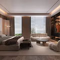 Elegant Modern Bedroom Interior With Large Bed Sofa Wardrobe And Floor to Ceiling Windows