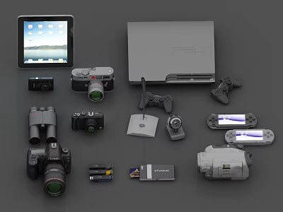 Modern Laptop And Tablet With Cameras Game Controllers USB Drives And Batteries 3d model