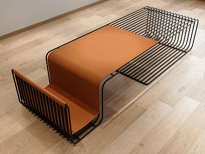 Sleek Modern Coffee Table With Black Metal Wire Frame And Orange Cushioned Top 3d model