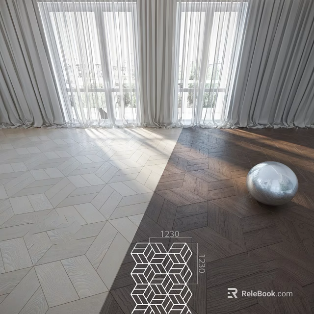 Dark Herringbone Wood Flooring In Bright Interior Space With Light Tiled Floor And Large Windows 3d model 