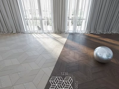 Dark Herringbone Wood Flooring In Bright Interior Space With Light Tiled Floor And Large Windows 3d model